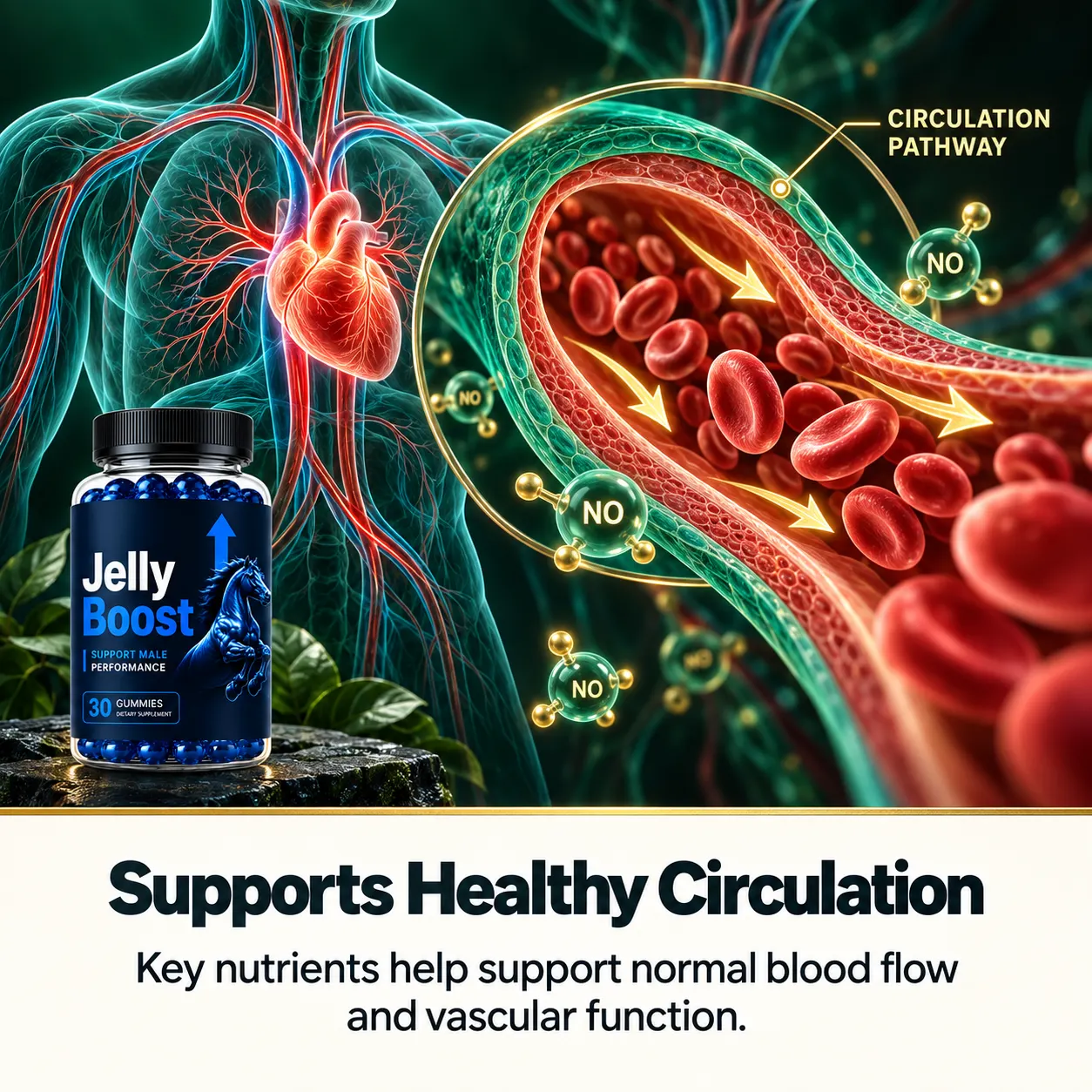 Illustration of circulation and nitric oxide pathway supported by JellyBoost®